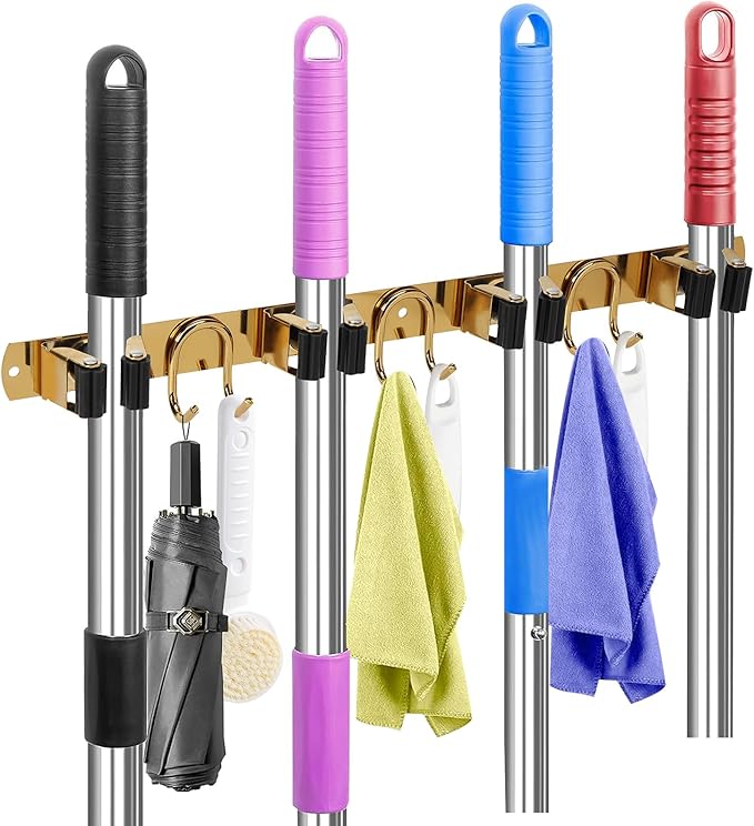 Mop Broom Holder Wall Mount, Gold Stainless Steel Tool Storage Organizer for Kitchen Garden Garage Laundry Room Bathroom and RV with 4 Slots 6 Hooks