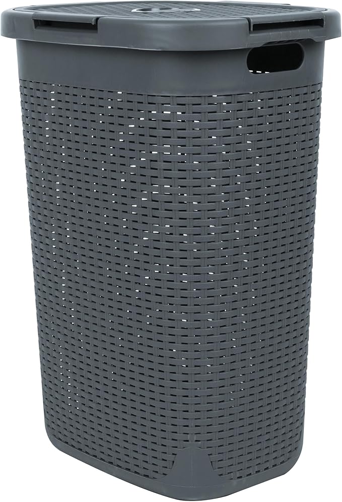 Mind Reader Slim Laundry Hamper with Lid, 60L Clothes Basket, Premium Wicker Design, Plastic, Gray
