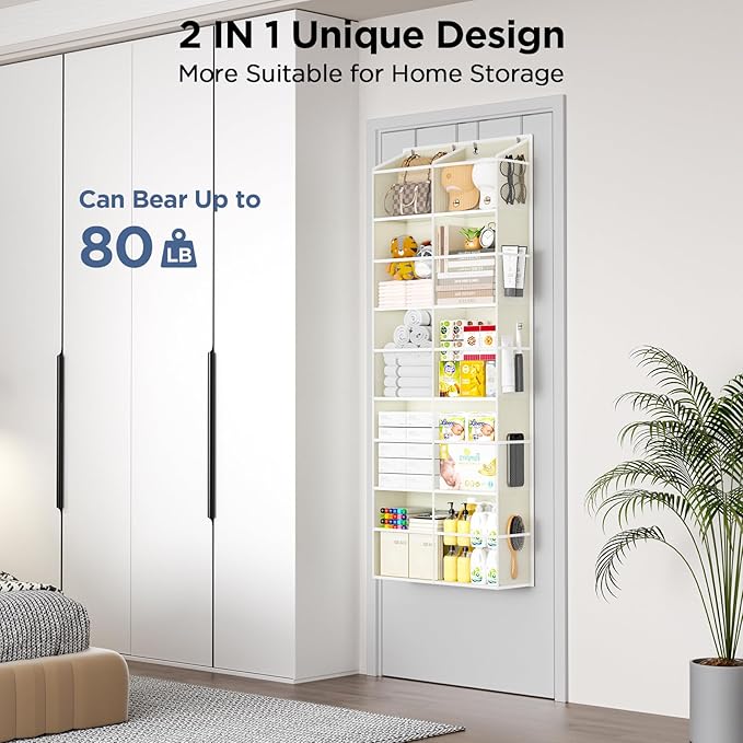 PureSpace 2 Pack 5-Tier Over The Door Organizer with 10 Side Mesh Pockets & Clear Windows, 80 lb Weight Capacity Hanging Storage for Bathroom, Bedroom, Nursery, Kitchen, Organizer Toys (Clear Grey)