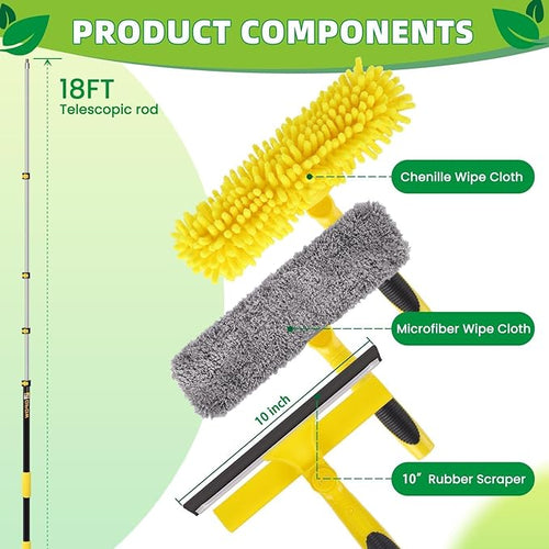 225'' Long Reach Window Squeegee with Telescoping Extension Pole, 2-in-1 Indoor/Outdoor Cleaning Tool with 270° Rotatable Head, Lightweight Alloy Aluminum Pole for Shower Door, Mirror, Car Windshield