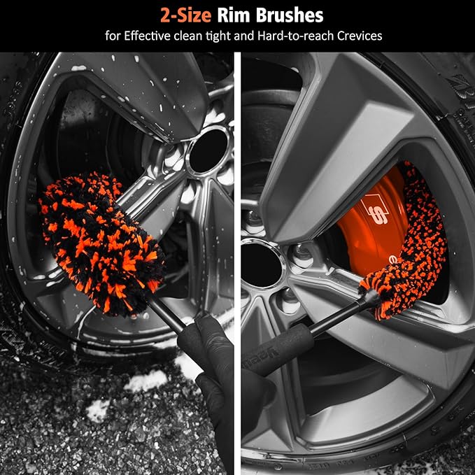 YeewayVeh 4PCS Car Wheel Cleaning Kit, 2-Size Bendable Microfiber Wool Wheel Brush Set, Tire Brush, Double-Ended Detailing Brush, Soft Non-Metallic Rim Cleaner Brushes for All Wheel Types