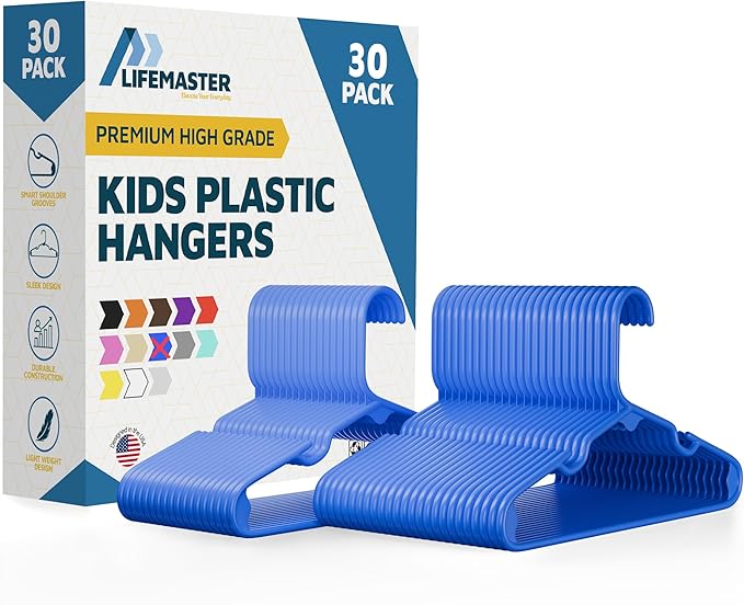 Lifemaster Plastic Kids Clothes Hangers – Children Clothes Hanger with Shoulder Notch, 11.6 Inch Space-Saving Closet Organizer for Baby, Toddler, and Kids Clothing, Hold Up to 5 lbs, Pack of 30, Blue