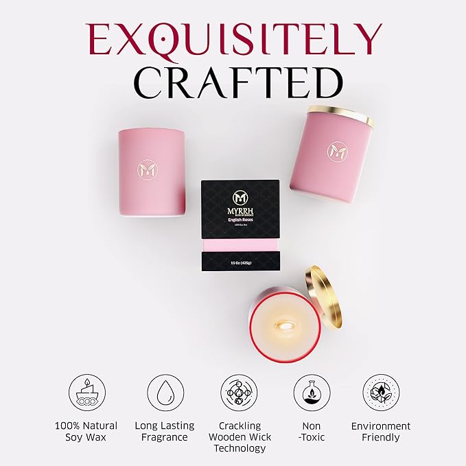 MyrrhUSA Rose Scented Candle – 15 oz Natural Soy Wax with Crackling Wooden Wick & Essential Oils | 80 Hour Burn | Luxury Aromatherapy Candle for Relaxation, Home Décor, Living Room & Bathroom