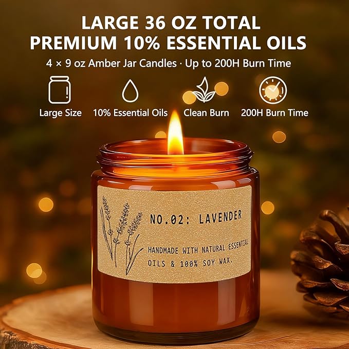 Scented Candles for Women – Large 36 oz Scented Candle Gift Set for Birthday Valentine's Day, Natural Soy Wax Amber Jar Candles with Lavender & Sage, 4-Pack Aromatherapy Set