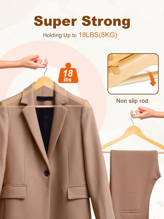 HOUSE DAY Wooden Hangers 20 Pack, Solid Wood Hanger with Non Slip Pant Bar, Heavy Duty Wooden Coat Hanger for Closet, Smooth Finish Wood Clothes Hangers for Shirts, Suits, Jackets, Dresses, Natural