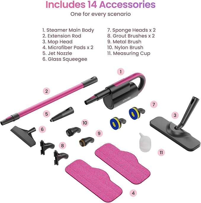 Schenley Steam Mop Cleaner with Detachable Handheld Steamer for Cleaning Hardwood, Laminate Floor, Tiles and Grout, with 14-in-1 Multi-purpose Accessories and Washable Microfiber Pads