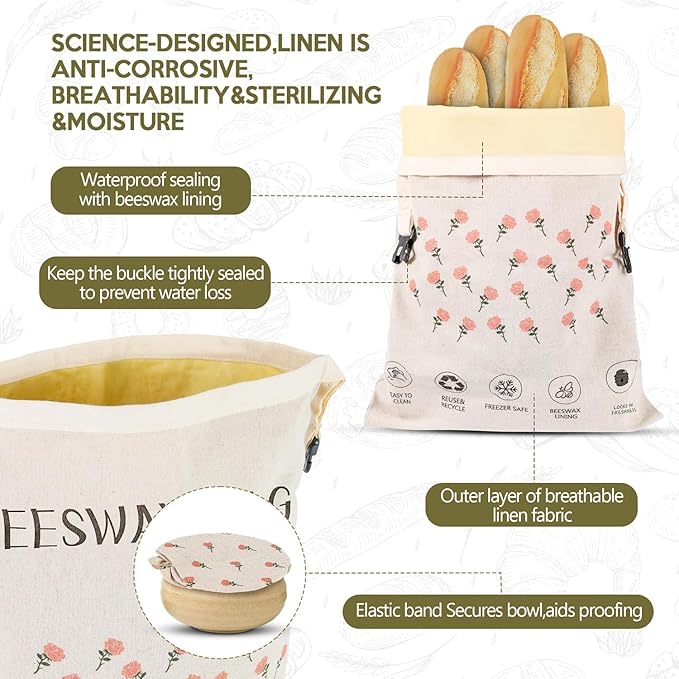 2026 New Upgrade 2-Pack Reusable Beeswax Bread Bags for Homemade Bread Sourdough, 17"×13"Natural XL Beeswax 100% Linen Moisture-proof Lined Storage Bags with Buckle& 1 Bowl Covers,Keeps Fresh Longer