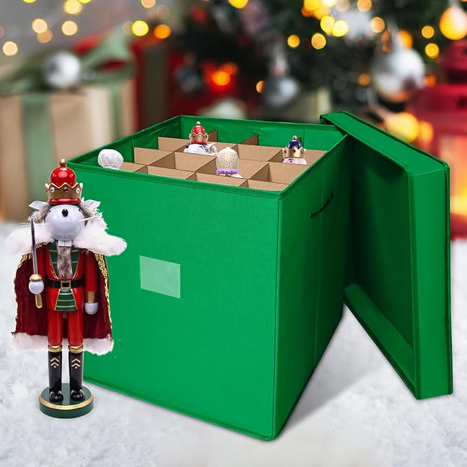 Christmas Nutcracker and Figurine Collectible Storage Box, Fits 16 Holiday Ornaments, Stores Up to 16" Tall Ornaments, Holiday Decor Organizer with Dividers, Nutcracker not Included(Green)