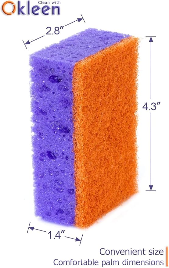 Okleen Purple and Orange Multi Use Scrub Sponges. Made in Europe. 18 Pack, 4.3x2.8x1.4 inches. Heavy Duty & Non Scratch Fiber. Odorless, Durable, Delicate, Rinse Clean Violet Scrubber