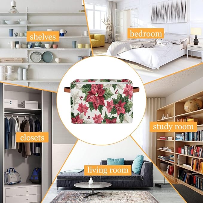 Storage Baskets Bin, Christmas Winter Poinsettia Collapsible Canvas Fabric Storage Bin Decorative Baskets Toy Organizer Rectangle Storage Boxes with Handles for Home Shelves Nursery, J-002