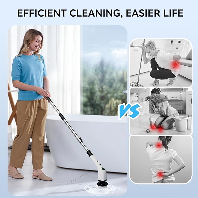 Swyprrix Electric Bathroom Cleaning Brush, Cordless Spin Scrubber Full Body Waterproof IPX7 with Adjustable Handle, 8 Replaceable Brush Heads for Bathtub/Kitchen/Window/Home -SD-CTB01