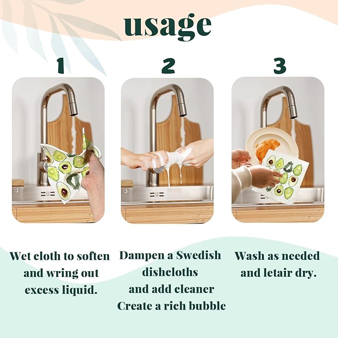 LARTSFRO Avocado Swedish Dishcloths for Kitchen, Swedish Dish Cleaning Cloths for Friut, Papaya Reusable Paper Towels, 4 Pack Dish Towels for Kitchen, Reusable Sponge Cloths Washable