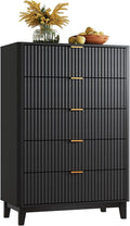 WLIVE Fluted Dresser for Bedroom with 5 Drawers, 46.26" Tall Wooden Dresser with Golden Metal Handles, Mid Century Modern Chest of Drawers for Living Room, Hallway, Closet, Solid Black
