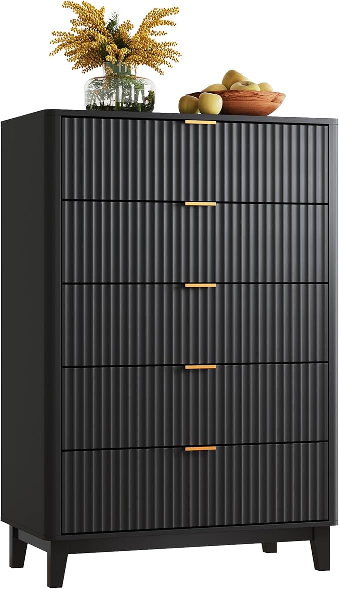 WLIVE Fluted Dresser for Bedroom with 5 Drawers, 46.26" Tall Wooden Dresser with Golden Metal Handles, Mid Century Modern Chest of Drawers for Living Room, Hallway, Closet, Solid Black