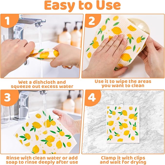 6 Pack Fruit Swedish Dishcloths for Kitchen,Swedish Rags Dish Towels with Clips, Reusable Paper Towels Washable Absorbent Cellulose Sponge Cloths for Cleaning Home Valentines Gifts for Women