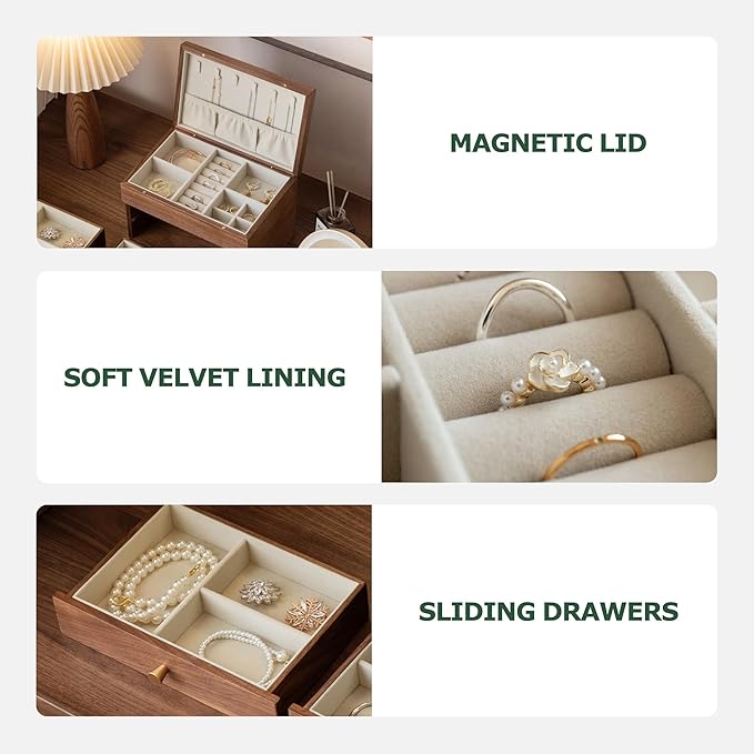 YESWOOD Jewelry Box Organizer, North America Black Walnut Wood Jewelry Boxes with 3 Drawers for Women for Storage & Display of Necklaces, Rings, Earrings, and Bracelets