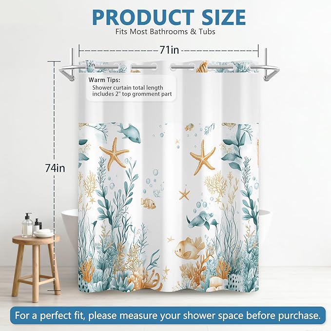 Hook-Free Ocean Shower Curtain with Translucent Top Window, Shower Curtain with Snap in Liner and Weighed Hem, Waterproof Bathroom Shower Curtains, Ocean Themed Bathroom Decor, 71x74 Inch