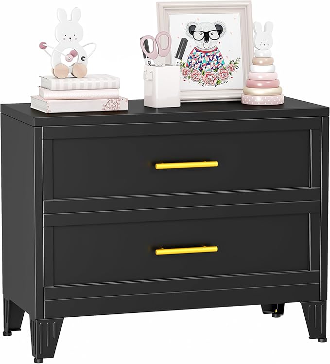 Metal Dresser for Bedroom 2 Drawers Dresser Metal Storage Dressers Organizer,24.8" H Black Drawer Chest, Closet Organizers for Living Room, Hallway, Closet