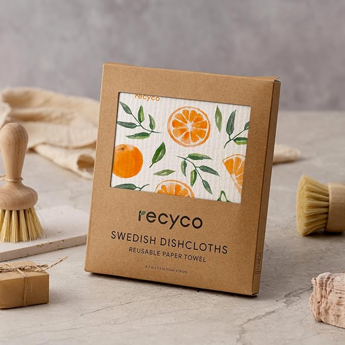 RECYCO Swedish Dishcloths for Kitchen | 5 Pack Washable Dish Rags | Cellulose Reusable Cleaning Paper Towels | Absorbent Counter Dish Cloth Sponge Kitchen Wipes, 8" L x 7" W