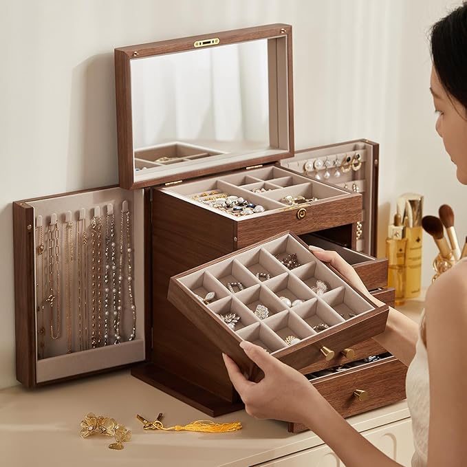 CHOSIN Black Walnut Wooden Jewelry Box, 6-Layer Lockable Wood Jewelry Organizer with Mirror, Side Doors & Brass Handle, Classical Design for Rings, Necklaces, Earrings, Watches, Valentine's Day Gift