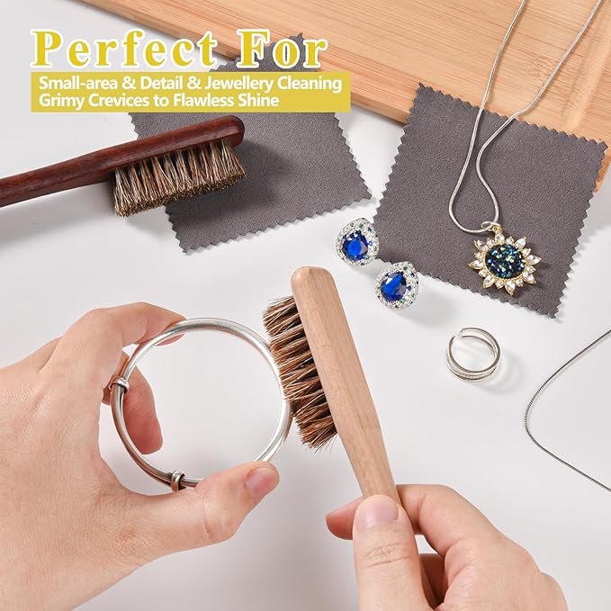 Horsehair Silver Brush Jewelry Cleaning Cloth Set - Detailing Brush for Silverware - Silver Polishing Cloth for Sterling, Cutlery, Metal - Perfect Match for Silver Polish