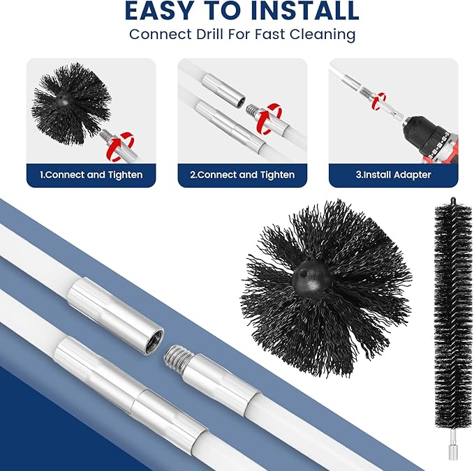 HOKLNUSE Dryer Vent Cleaner Kit Ducts Cleaning Kit for Dryer Air Duct HVAC Vent Fireplace Chimney Pellet Stove Gutter Downspout Dryer Vent Lint Removers with 1.5" 4" 6" Brush Heads(30 Feet)