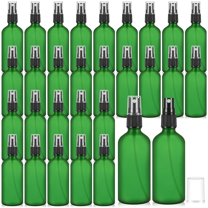 Roshtia 30 Pcs 3.4 oz /100 ml Green Glass Spray Bottle Refillable Perfume Atomizer Frosted Decorative Empty Bottles with Fine Mist Sprayer Pump for Face Body Travel