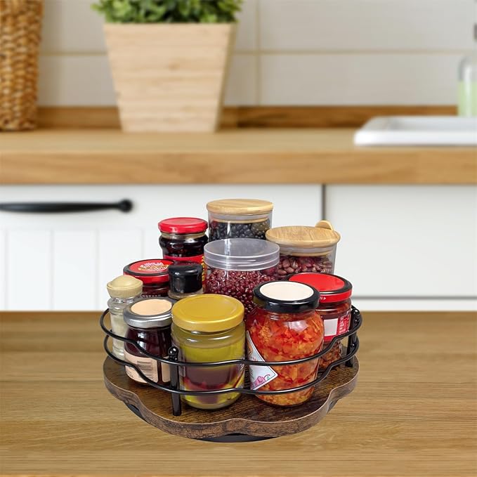 BaiWinlar 12" Lazy Susan Turntable Organizer with Higher Metal Sides, Wooden Lazy Susan Spice Rack Organization and Storage for Cabinet,Kitchen,Countertop,Table Top,Dining Table,Coffee Bar Decor