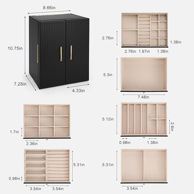 Dajasan Large Jewelry Organizer Box with 5 Drawers, Jewelry Box for Women, 6-Tier Jewelry Storage Organizer with Mirror for Necklace Ring Bracelet Watch, Gift Idea (Black)