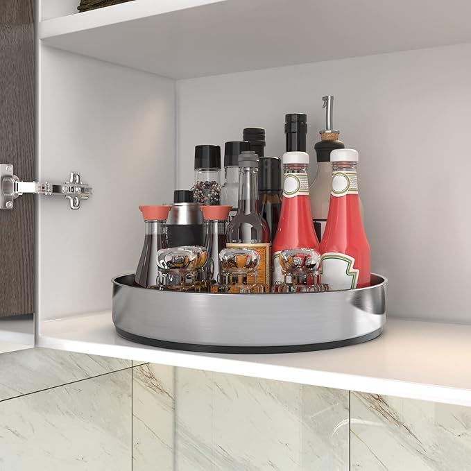 VAEHOLD Pantry Cabinet Lazy Susan Stainless Steel Black Spice Rack Turntable - Decorative Trays Storage Containers Organizer for Kitchen Cabinet, Snacks, Bathroom (12 inches)