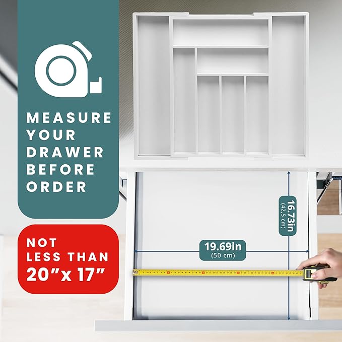 Sben Expandable Drawer Organizer for Utensils Holder, Adjustable Cutlery Tray, 6-8 Slots, Premium Wood Drawer Dividers Organizer for Silverware, Flatware, Knives for Kitchen (White)