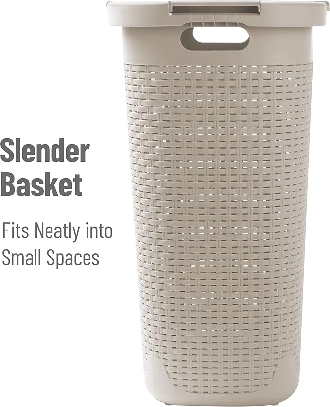Mind Reader Slim Laundry Hamper with Lid, 60L Clothes Basket, Premium Wicker Design, Plastic, Ivory