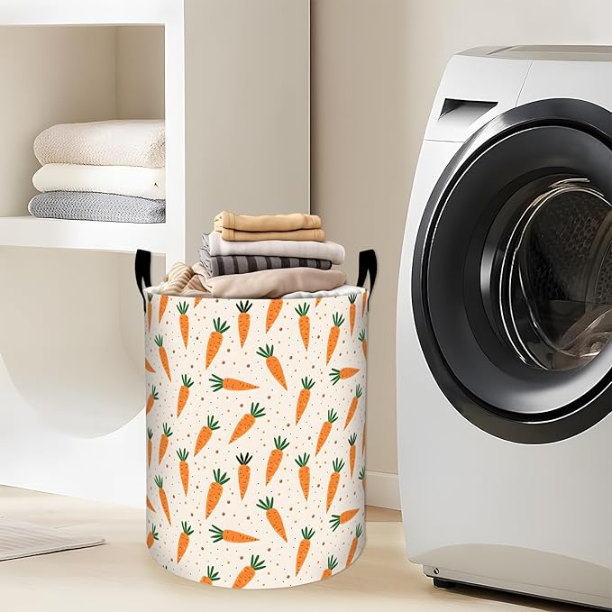 Playful Carrot with Green Leaf Laundry Basket with Handles, 19.7"x15.7" Clothes Foldable Polka Dot Design Laundry Hamper Organizer for Dorm Nursery Bedroom Bathroom Decor, Toy Storage Bin for Kids
