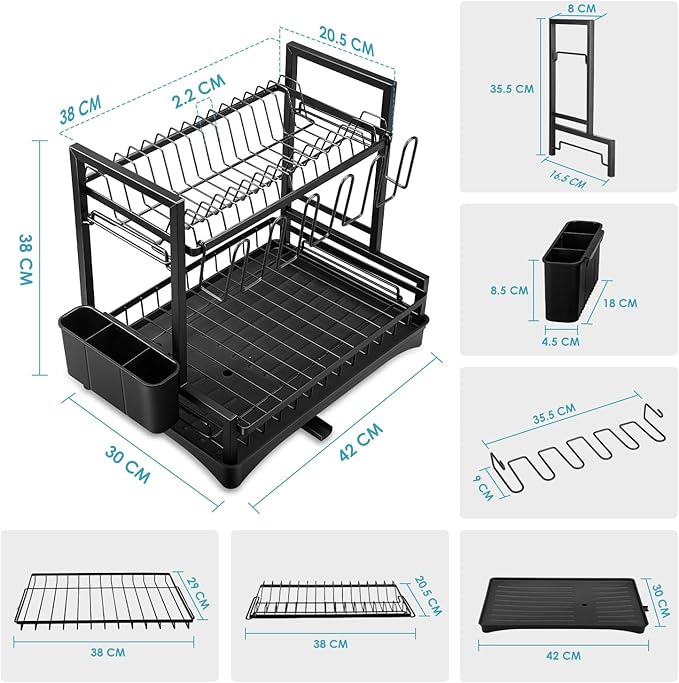 Stelive 2-Tier Dish Drying Rack for Kitchen Counter, Dish Drainer Dish/Cup/Cutlery Holder Dish Drainer Rack 2 Tier Dish Racks with Utensils Holder, Drainboard & 360° Telescopic Drain Pipe (Black)
