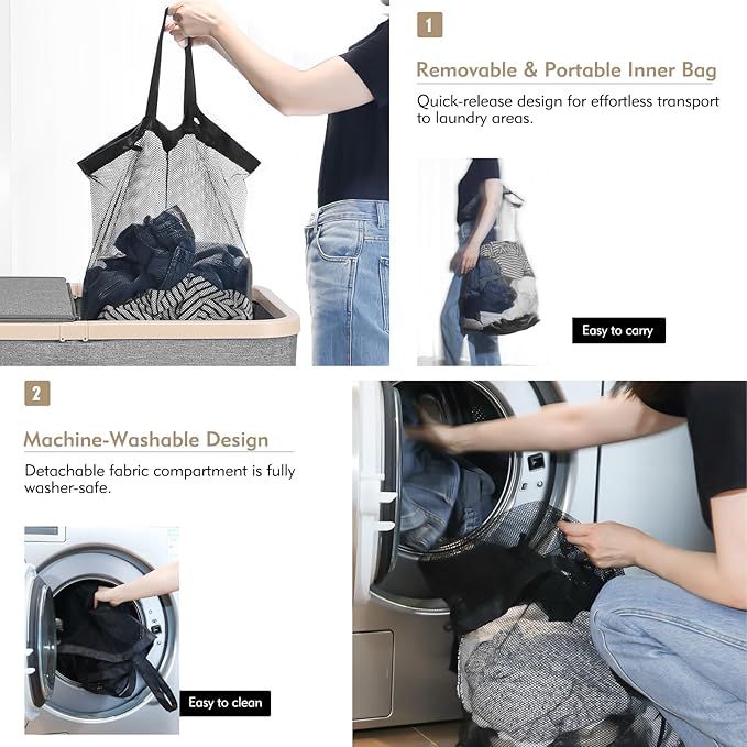 DOKEHOM 160L Double Laundry Basket with Removable Lid and Laundry Bags, Large Collapsible Laundry Hamper with 2 Sections (Dark Grey)