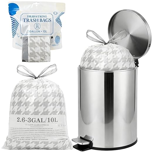 OKKEAI 2.6 Gallon Small Trash Bags White Drawstring Bathroom Garbage Bags – 90 Count Tear-Free, Heavy Duty Printed Liners, Leak-Proof White Trash Bag for Kitchen, Office, Multipurpose Use