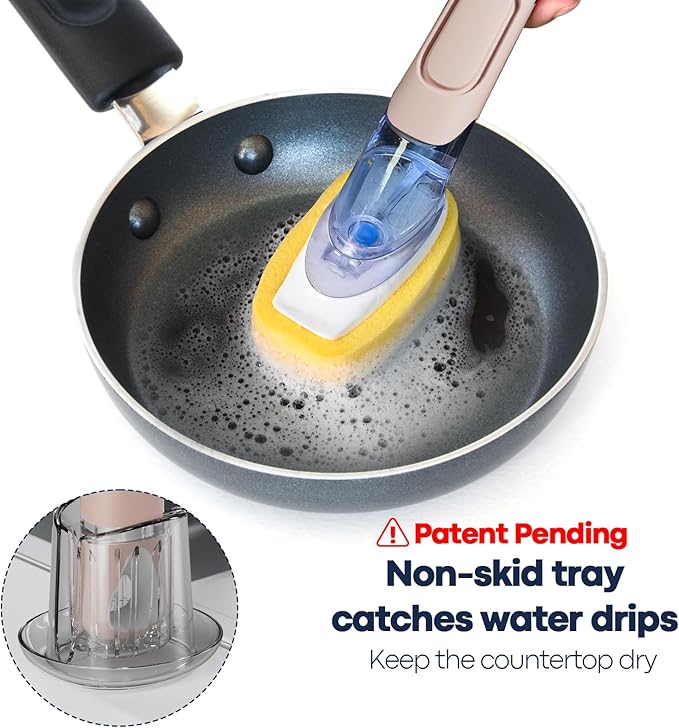 Dish Brush with Soap Dispenser Storage Set with 2 PCS Sponge Refills & Holder, Soap Dispensing Dish Brushes, Sponge with Soap Dispenser Handle, Dish Sponges with Handle for Dishes Pans Pots Sink