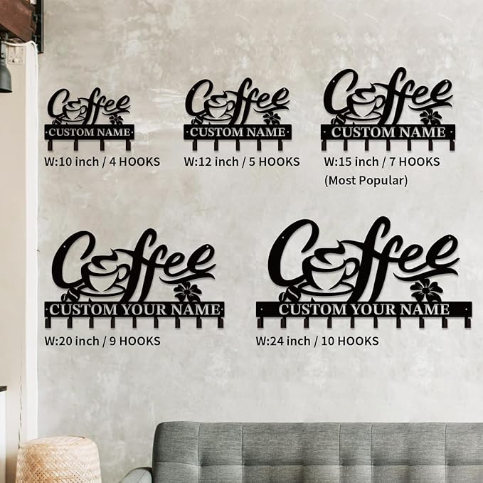 Personalized Custom Name Coffee Bar Wall Keys Hooks,Metal Coffee Shop Art Clothes Hooks,Metal Coffee Lover Wall Home Storage Decorative,For Front Door, Hallway, Kitchen, Bedroom,Keys,Hats (Style F)