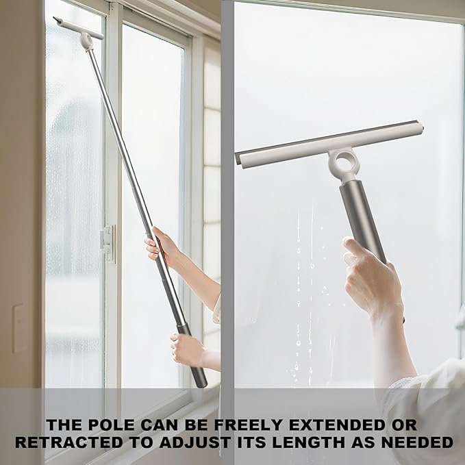 EHOMGUI Extendable Shower Squeegee for Glass Doors, Shower Squeegee with 10-Inch Silicone Blade, Telescoping Handle for Windows and Shower Glass, Silver