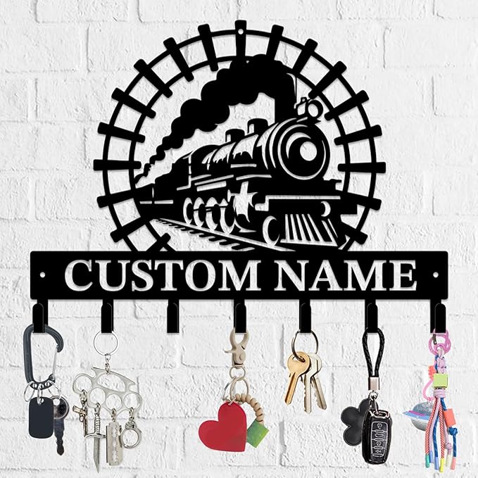 Personalized Train Metal Keys Hooks,Custom Name Metal Train Keys Hooks,Black Metal Train Wall Home Storage Decorative Keys Hooks,Key Holder Hooks for Wall (Style B)
