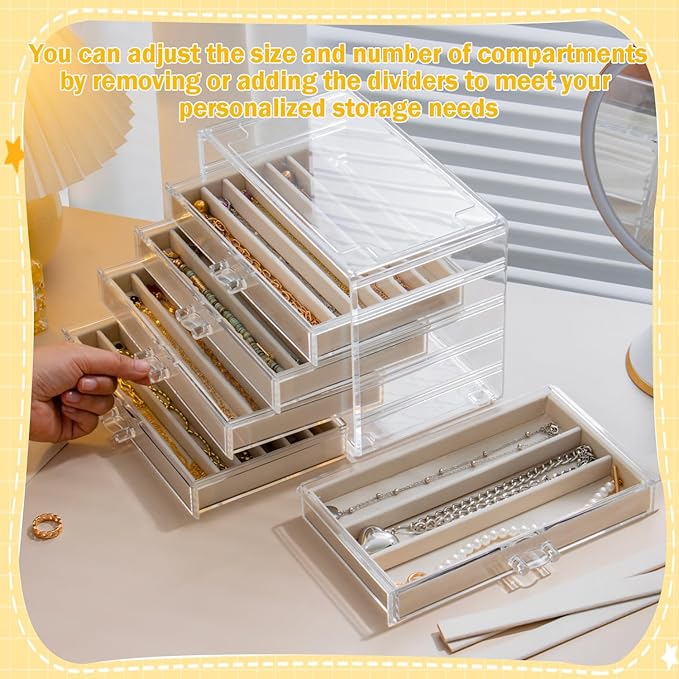 Necklace Organizer Box with 5 Drawers 30 Compartments, Dustproof Velvet Necklace Display Tray, Acrylic Necklaces Display Case, Pendant Chains Necklace Storage Tray Gift for Women and Girls (Beige)