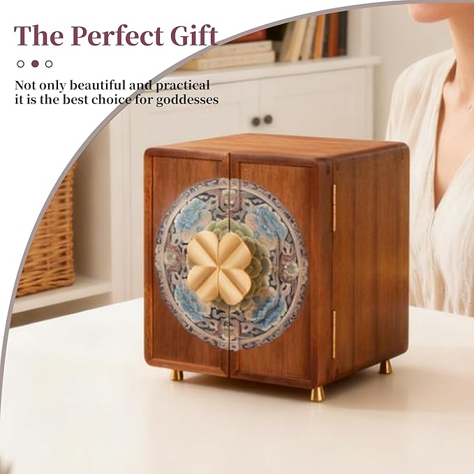 Wooden Jewelry Box for Women Jewelry Box With Drawers Walnut Wood (Walnut Wood with printing A)