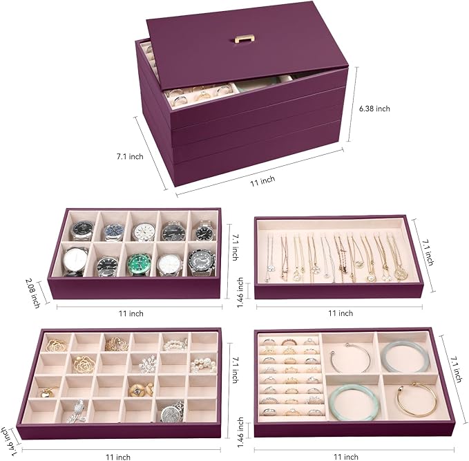 Voova Stackable Jewelry Organizer Tray with Lid, PU Leather Jewelry Storage Holder for Drawer Inserts, Jewellery Display Box Case for Earring Necklace Ring Watch Bracelet (Set of 4, Purple)
