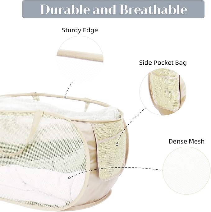 Durable Collapsible Laundry Baskets, Mesh Pop Up Laundry Hamper with Side Pocket, Foldable Clothes Storage Hamper with Reinforced Carry Handles for Laundry, Bathroom, Kids Room, Dorm or Travel Beige