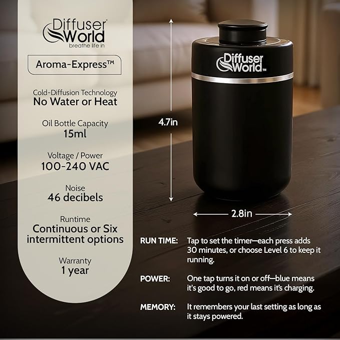 600 Sq Ft Waterless Diffuser for Essential Oils, Aroma Express Black Portable Aroma Atomizer for Room Fragrance, Home Scent Machine, Air Aromatherapy Oil Diffusers with Timer
