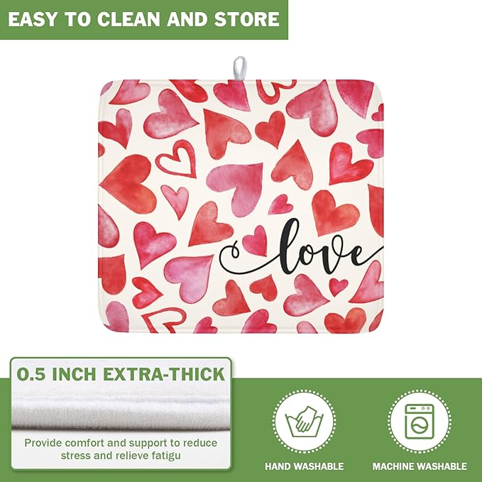 ABSOP Valentine's Day Dish Drying Mat 16 x 18 Inch Heart Shaped Dish Drying Pad Absorbent Microfiber Mats for Red and Pink Dish Rack Pad for Kitchen Counter Coffee Bar Decor