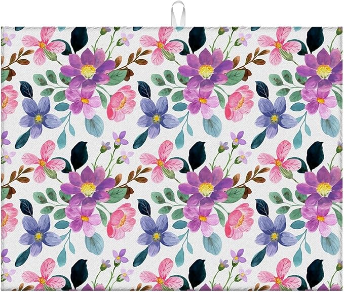 Dish Drying Mat For Kitchen Counter, Colorful Summer Pansy Flowers Microfiber Absorbent Dish Drainer Rack Pad Reusable Large 18x24in Drying Mat