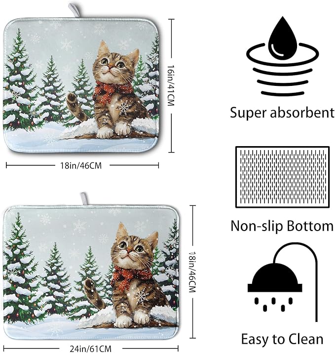 Winter Cat Dish Drying Mat for Kitchen Counter 18x24 Inch Cute Kitty Snow Pine Tree Dishes Drying Mats Large Microfiber Absorbent Dish Rack Pad Fast Dry Dish Mat for Coffee Bar Sinks Home Accessories
