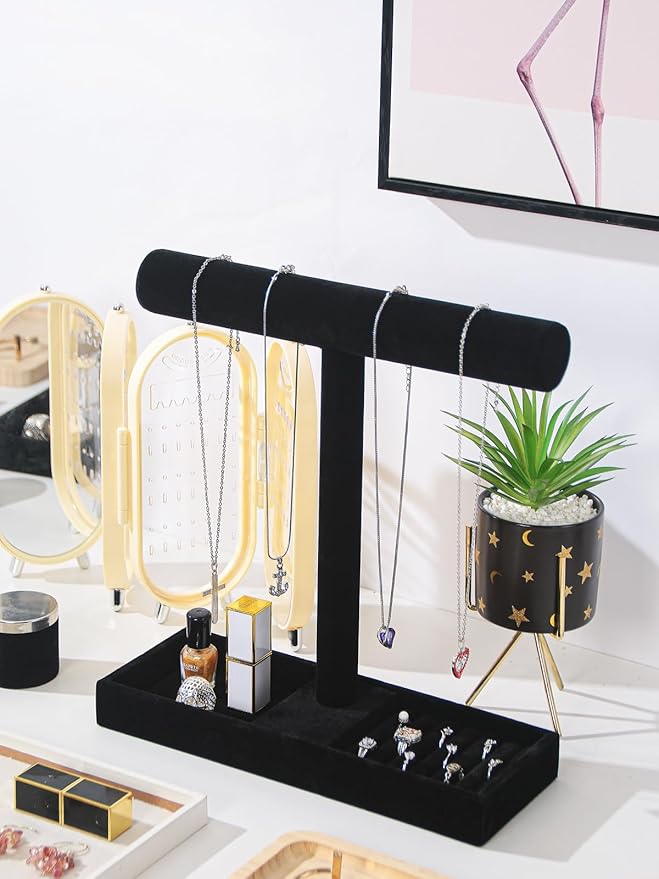 Justsoso Multi-Use Jewelry Holder Stand, Necklace Bracelet Ring Organizer Stand, Scrunchie Watches Velvet Jewelry Holder Stand With Tray for Women Home Use(Black Color)