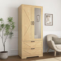 Armoire Wardrobe Closet with Mirror and 2 Drawers, 72'' Bedroom Armoire Wardrobe Cabinet with Hanging Rod and Light,Wooden Bedroom Closet with Adjustable Shelf